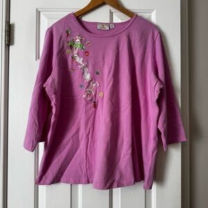 Quacker Factory Pink Easter Bunny Embroidered Top 2X